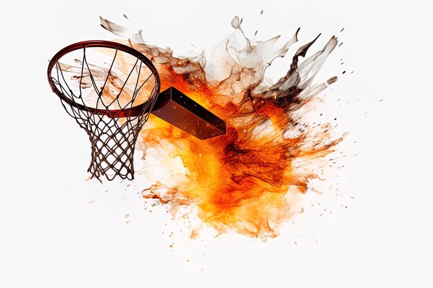 un cerceau de basket-ball avec des flammes et de la peinture à spray orange en arrière-plan