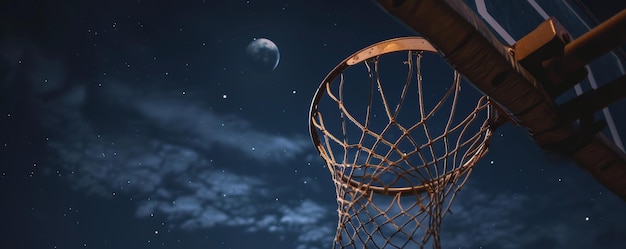 Un cerceau de basket contre un ciel nocturne avec la lune et les étoiles