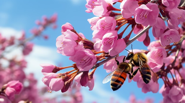 Un cercis rose en fleurs et une abeille contre un bleu