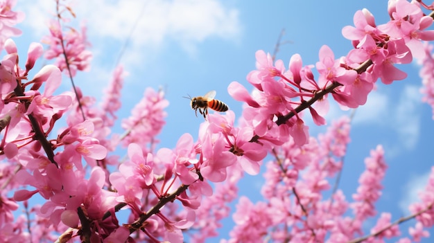 Cercis rose en fleurs et abeille contre un bleu