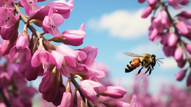 Cercis rose en fleurs et abeille contre un bleu
