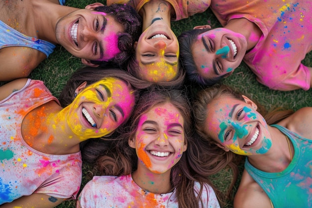 Cercle d'amis avec des visages peints célébrant le festival des couleurs