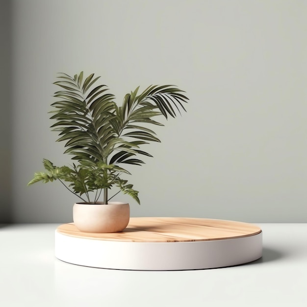 Un cercle en bois avec une plante et un bol en bois avec une plante.