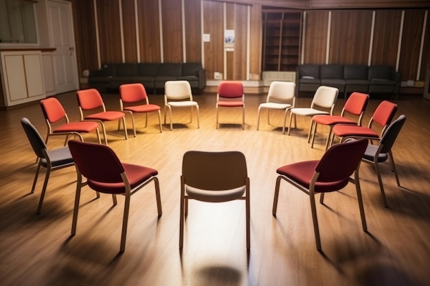 Cercle confortable de chaises vides dans une salle de réunion