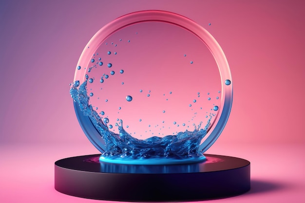 Cercle contemporain bleu et rose Podium avec verre et eau génération AI