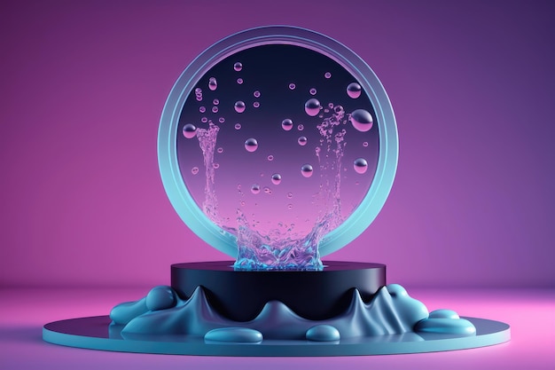 Cercle contemporain bleu et rose Podium avec verre et eau génération AI