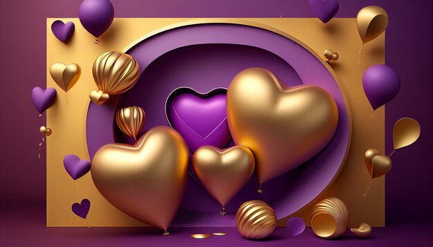 Cercle doré et ballons saint valentin fond violet 3d