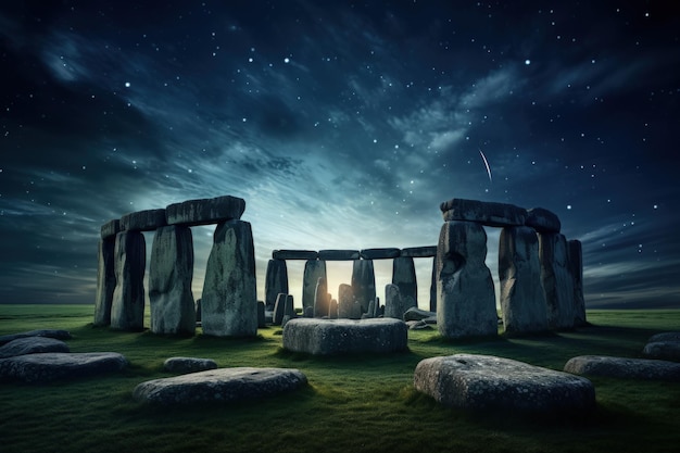 Cercle énigmatique de Stonehenge sous un ciel étoilé IA générative