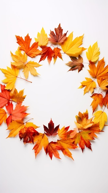 un cercle de feuilles d'automne est sur un fond blanc.