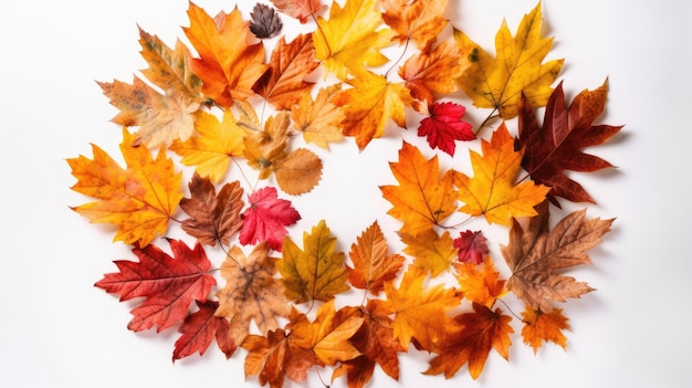 Un cercle de feuilles d'automne sur fond blanc