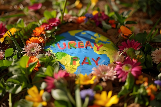 Photo un cercle de feuilles et de fleurs avec les mots jour de la terre dessus