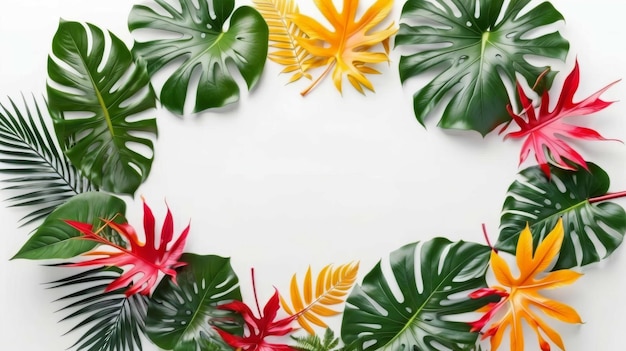 Cercle de feuilles tropicales sur fond blanc IA générative