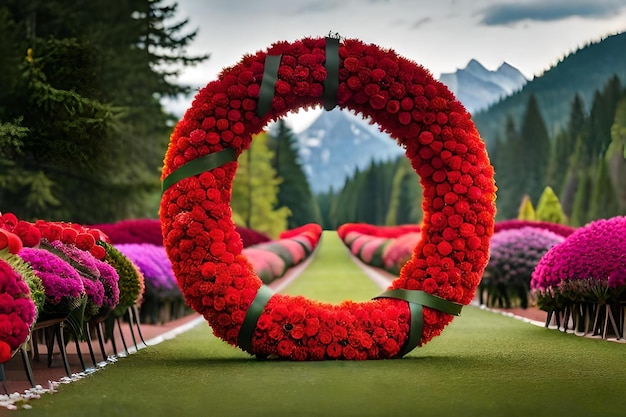 Un cercle de fleurs avec une montagne en arrière-plan