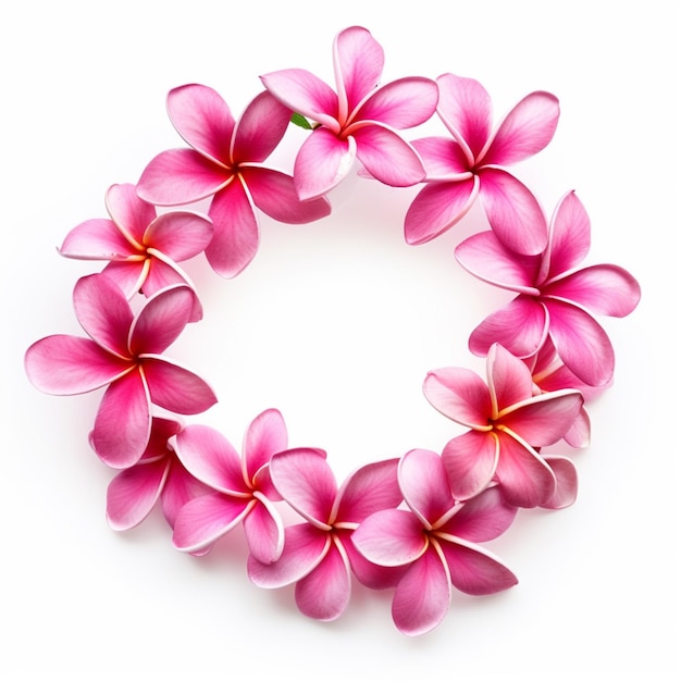 Photo un cercle de fleurs roses est représenté avec le mot plumeria dessus.