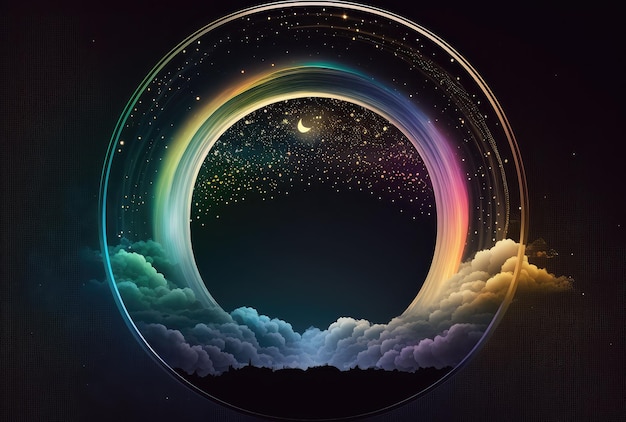 Cercle holographique au néon dans le ciel nuageux étoilé de nuit Generative AI