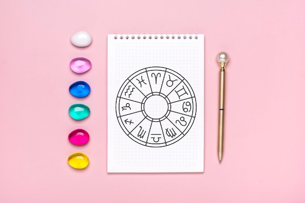 Cercle d'horoscope avec douze signes du zodiaque sur papier, dés de divination, pierre colorée sur fond rose Fortune et prédictions d'astrologie Vue de dessus Mise à plat.