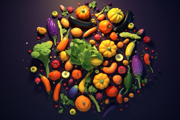 un cercle de légumes et de fruits avec un cercle de légumes en arrière-plan.