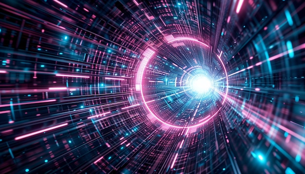 un cercle de lignes bleues et roses sur un fond bleu