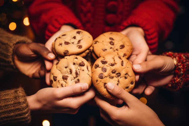 cercle main unie tenant un biscuit au chocolat à Noël Generative AI
