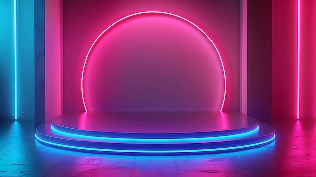 Un cercle de néon rose et bleu brillant et un podium apparaissent dans une pièce sombre
