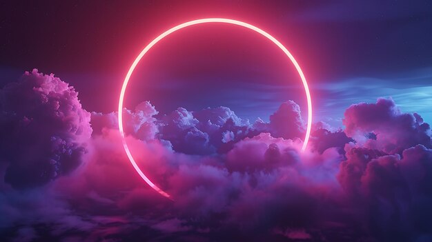 Un cercle de néon rose brillant plane dans un ciel nocturne surréaliste au-dessus de nuages ondulés doux