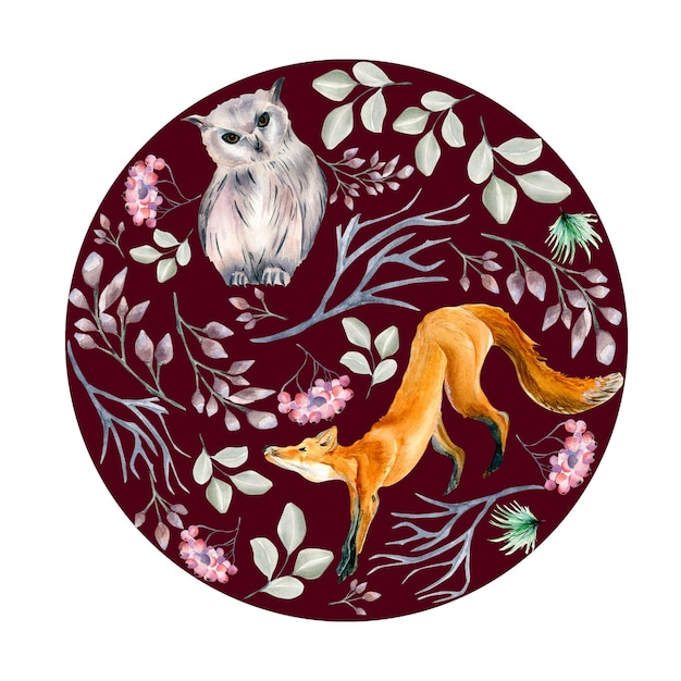 Cercle de noël avec illustration aquarelle renard et hibou isolé sur dark