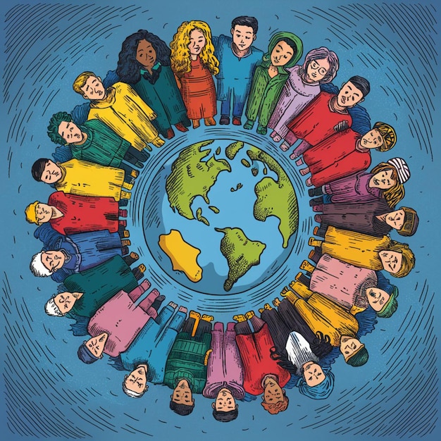 un cercle de personnes avec le monde autour du monde