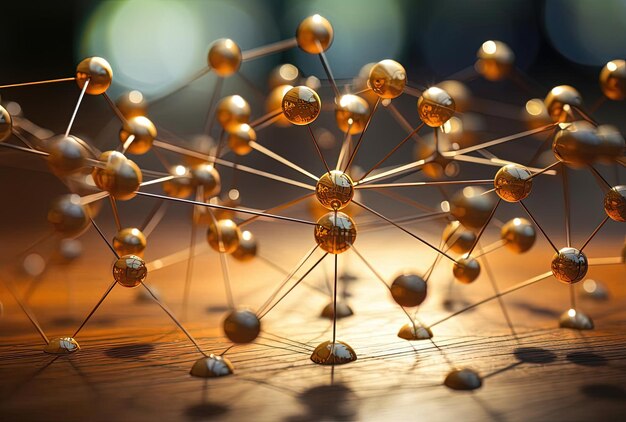 un cercle de points se reliant les uns aux autres sur une base en bois dans le style de la mise au point sélective