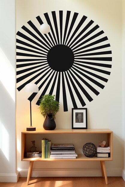 un cercle rond noir et blanc est sur une étagère avec une lampe et une lampe.