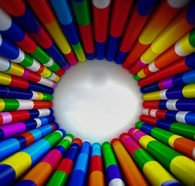 Un cercle de stylos de couleur est disposé en cercle.