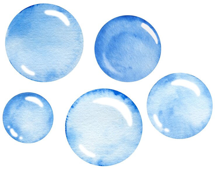 Cercles bleus aquarelles. Formes rondes dessinées à la main. Bulles d'eau peintes.