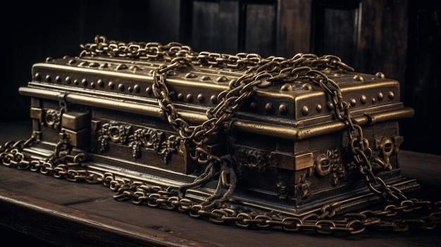 Un cercueil debout verrouillé avec des chaînes