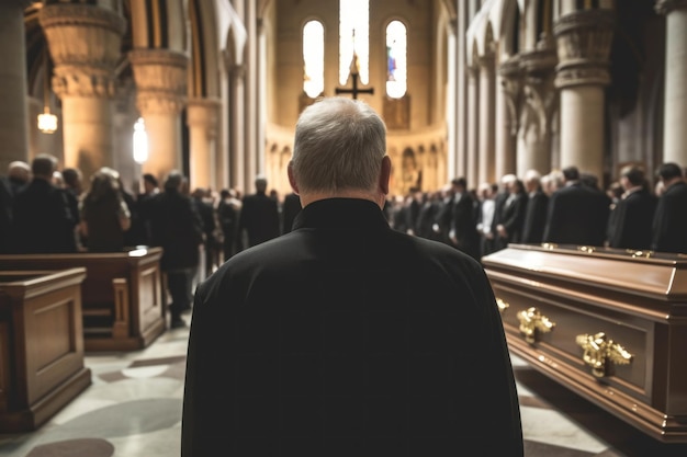 Cercueil funéraire groupe de personnes en deuil et en deuil à l'église Generative AI