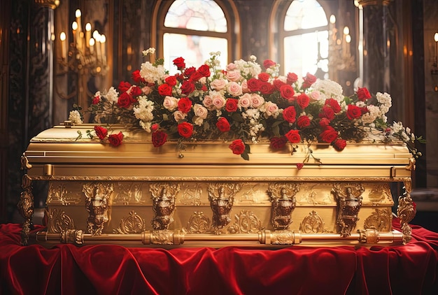 un cercueil funéraire plein de fleurs blanches avec du rouge dans le style des icônes religieuses sculptées