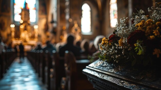 un cercueil noir dans l'église avec des gens floues en arrière-plan disant au revoir à un parent