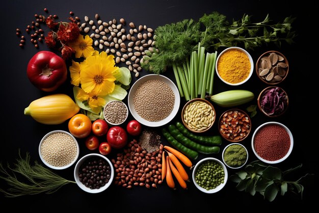 Photo céréales ou céréales et fruits et légumes sur la table générative ai