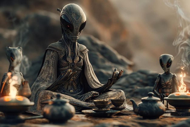 Cérémonie du thé extraterrestre mettant en valeur les échanges culturels