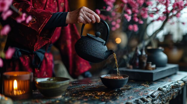 Cérémonie du thé un homme verse du thé rouge dans un bol tôt le matin du printemps fleurissant sakura en arrière-plan