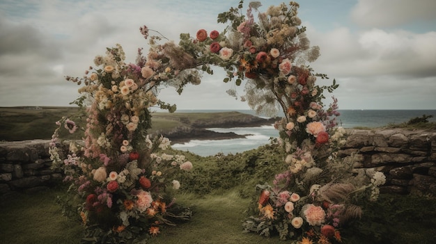 Cérémonie de mariage AI générative arc de style rustique boho avec fleurs et plantes bouquets de fleurs