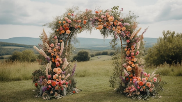 Cérémonie de mariage AI générative arc de style rustique boho avec fleurs et plantes bouquets de fleurs