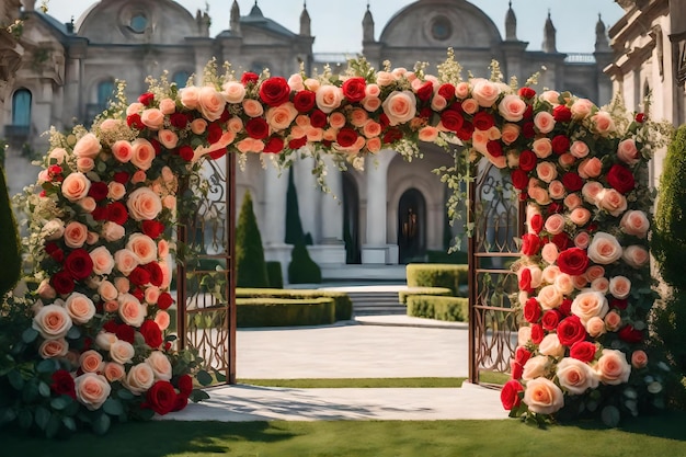 Une cérémonie de mariage avec une arche florale et une porte.