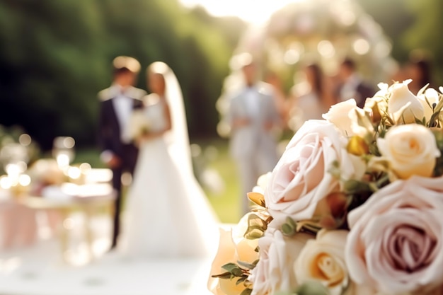 Photo cérémonie de mariage et célébration mariée et marié dans un magnifique lieu en plein air par une journée ensoleillée décoration de mariage de luxe avec des fleurs et bouquet de mariée postprocessé génératif ai