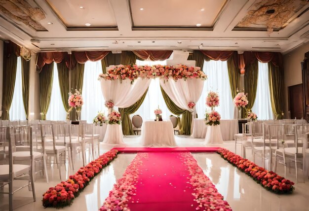 une cérémonie de mariage avec des fleurs sur le sol et une table avec un tissu blanc avec des fleures dessus