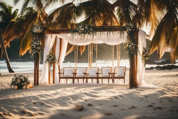 une cérémonie de mariage sur une plage avec des chaises et un baldachin qui dit " mariage "