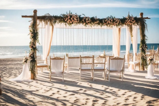 une cérémonie de mariage sur une plage avec des chaises et des fleurs suspendues au plafond