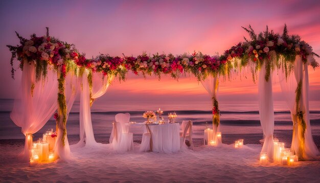 une cérémonie de mariage sur une plage avec un coucher de soleil rose et violet