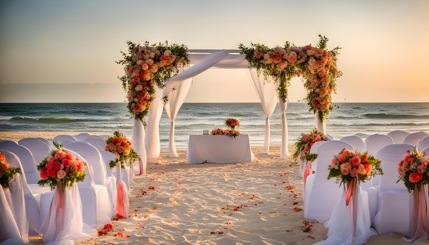 une cérémonie de mariage sur une plage avec une nappe blanche