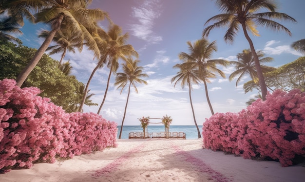 Une cérémonie de mariage sur une plage avec des palmiers et des fleurs