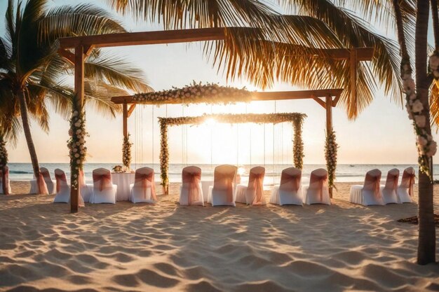 Photo une cérémonie de mariage sur une plage avec des palmiers et un soleil couchant derrière eux