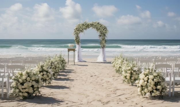Une cérémonie de mariage sur la plage avec une plage et l'océan en arrière-plan